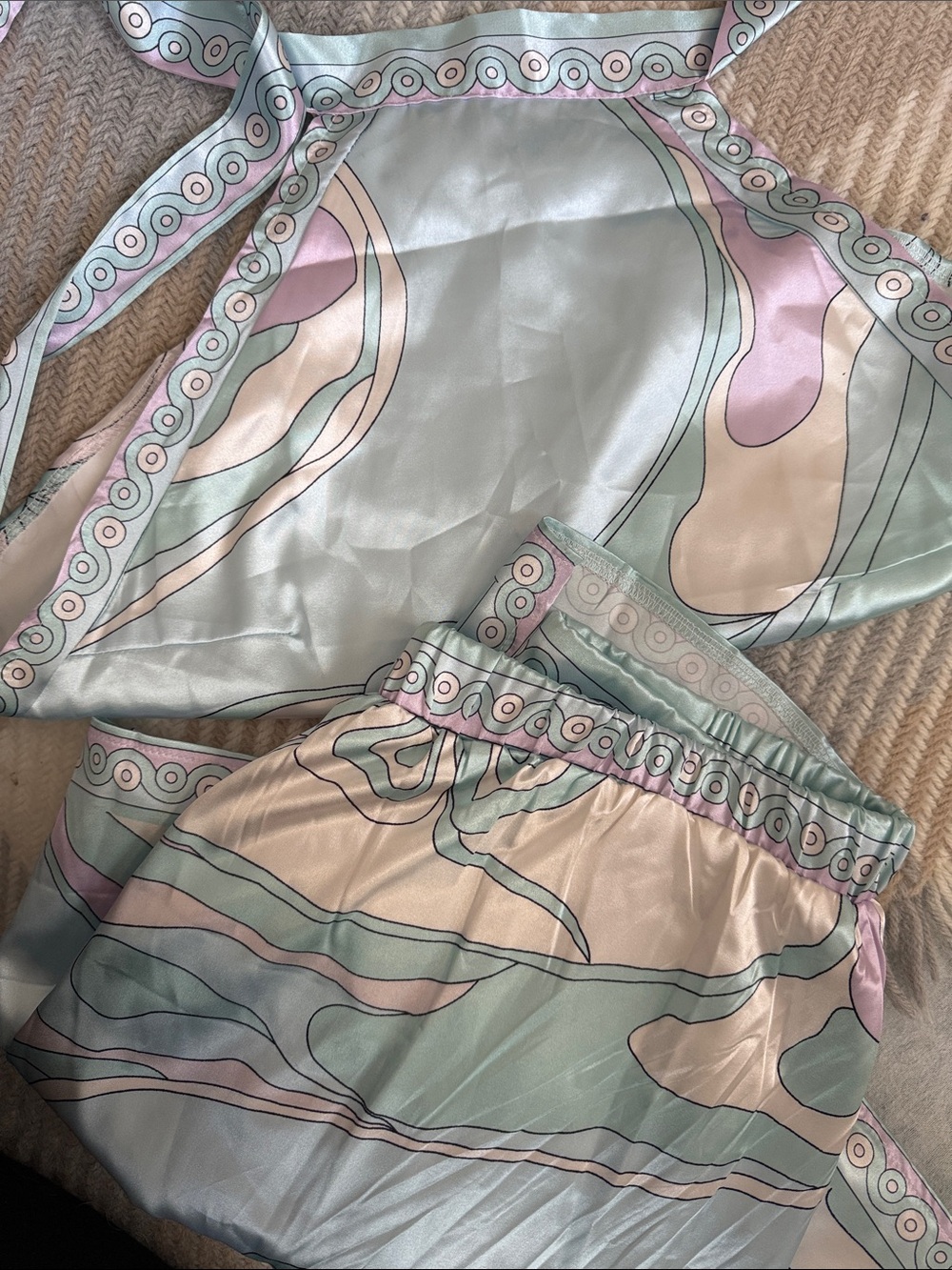 Asymmetrical Satin Skirt Set in Pastel Mint & Pink